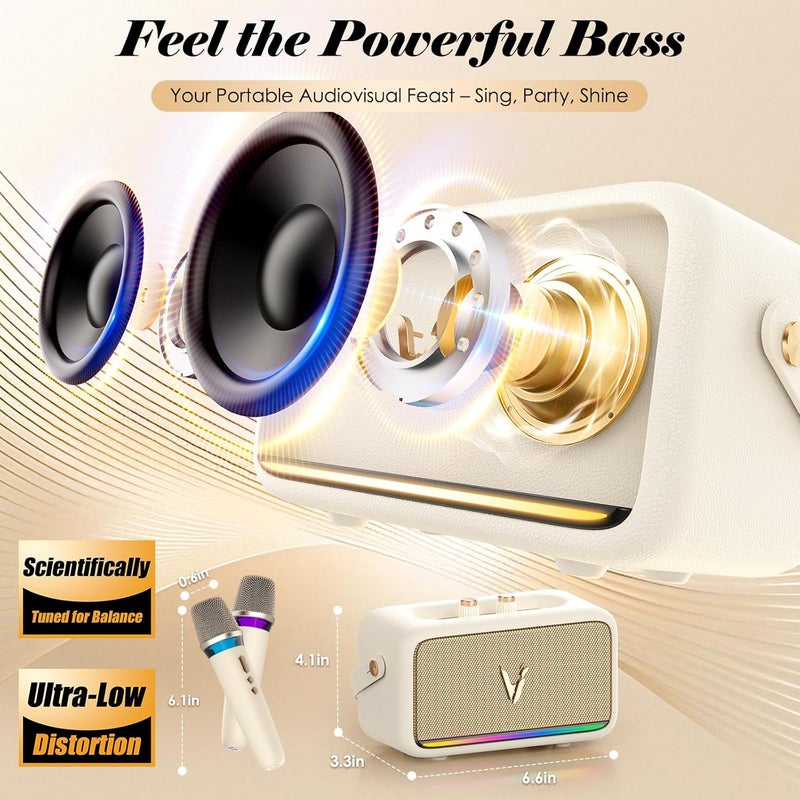 Hinastar Karaoke Machine with 2 Wireless Mics & Soft Leather Wrap |mini Portable Bluetooth Speaker with 5 Voice Changer Modes for Home Party, AUX/USB/TF Support, for Kids and Adults - Image 2